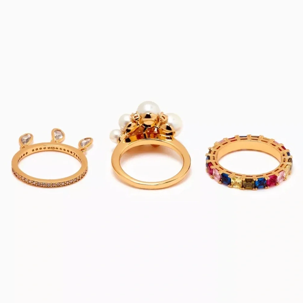 Kate Spade rain or shine stacking Goldtone Ring Set with Pearl & Crystals Size 7